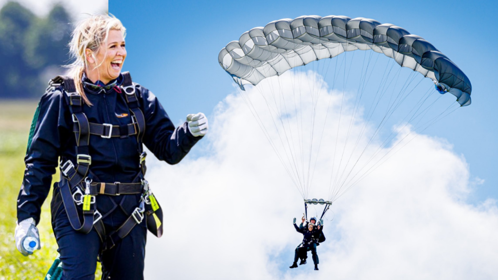 Fotos: la reina Máxima de Holanda, plena de felicidad tras un saltó en paracaídas